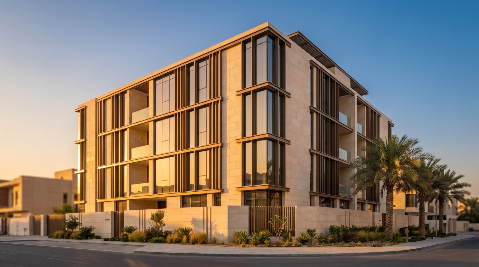 A completed residential development in Kuwait photographed at golden hour with straight, true verticals