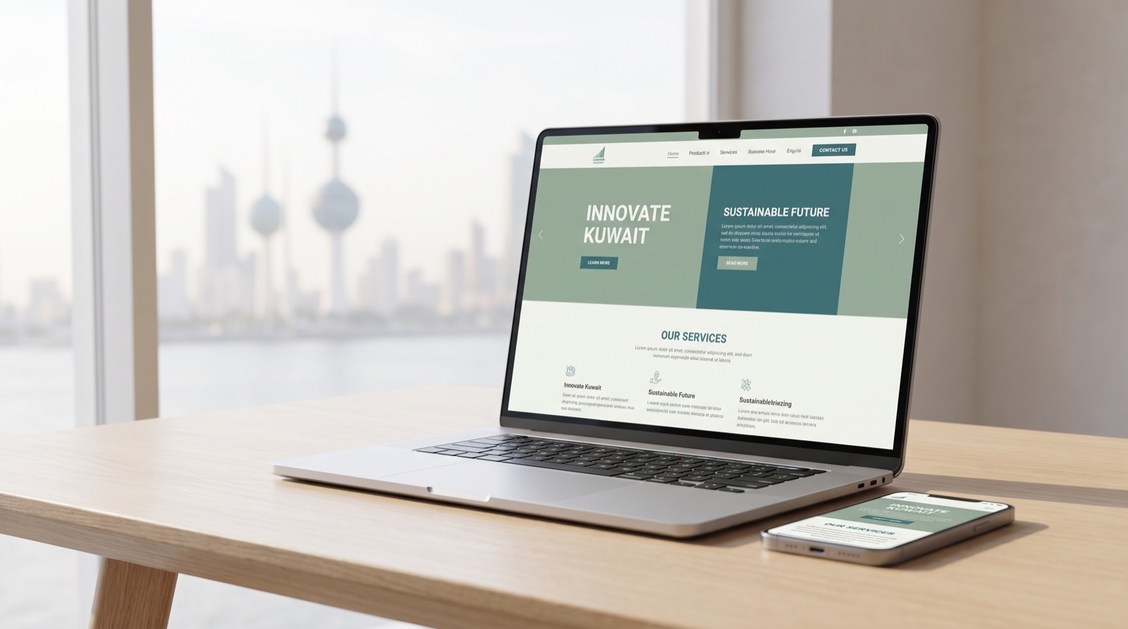 A professional Kuwait business website shown on a laptop and phone