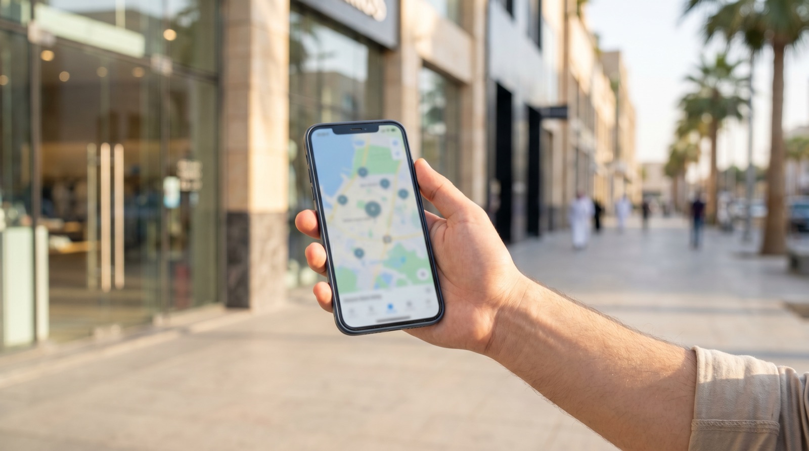 Someone searching for a nearby business on their phone on a Kuwait street