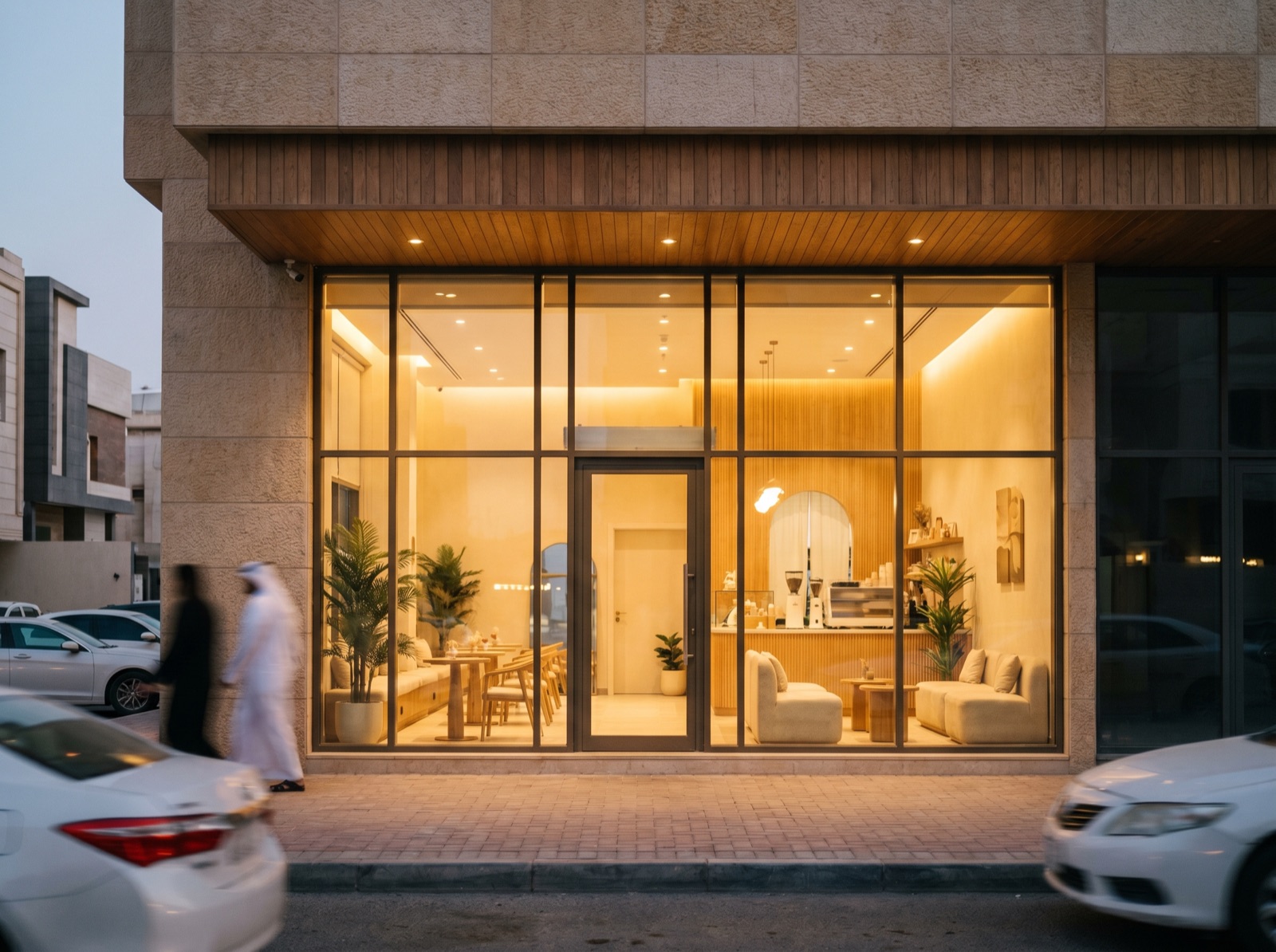 An inviting modern small-business storefront in Kuwait at dusk