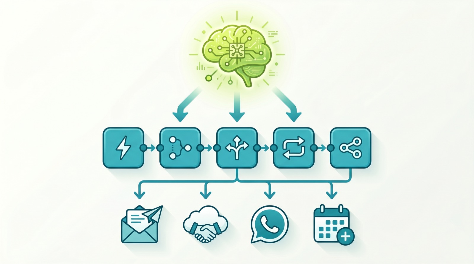 Diagram showing an AI agent at the top passing decisions down into n8n workflows for execution