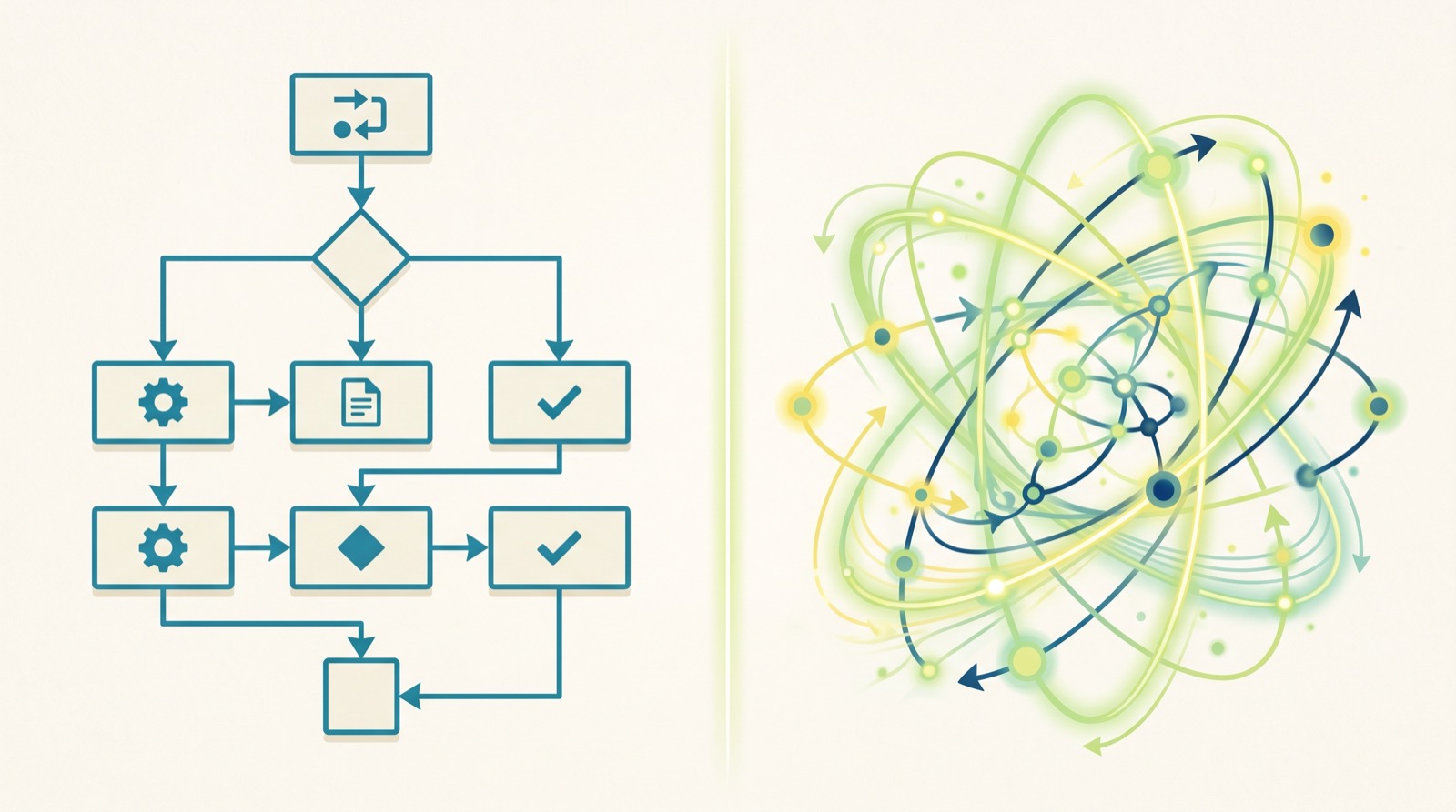 Split visual showing a deterministic workflow flowchart on one side and an AI agent reasoning loop on the other