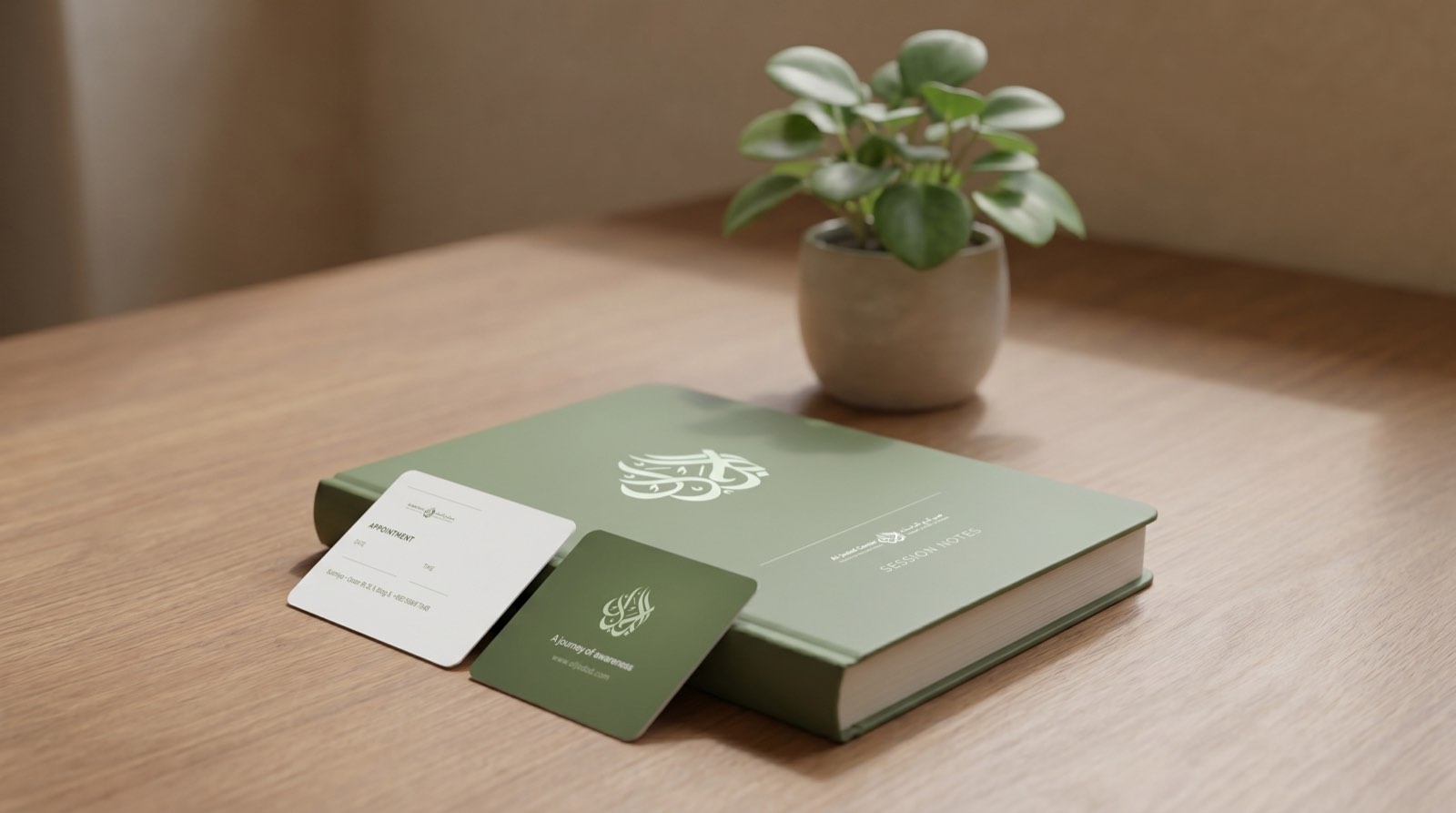 Brand collateral — embossed book cover and appointment cards