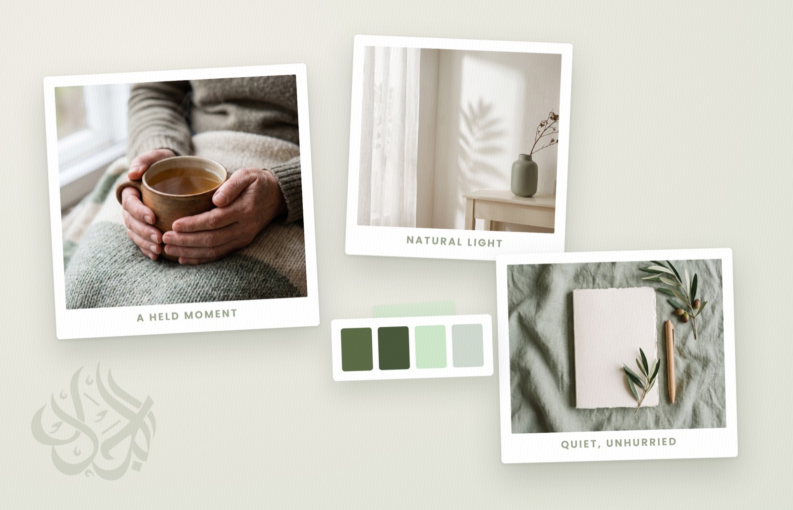 Brand moodboard — held moments, natural light, and the olive-green palette