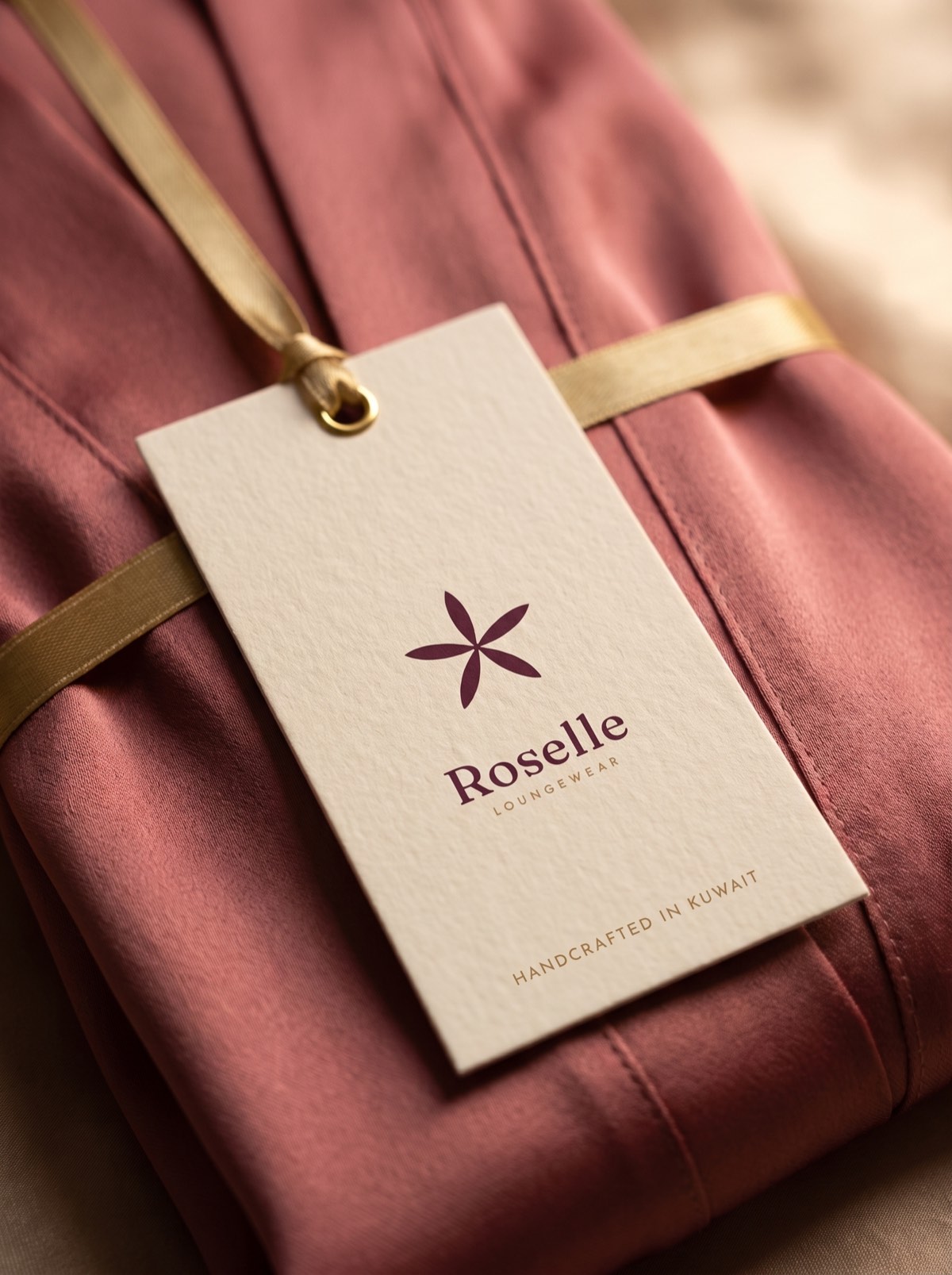 Roselle hang tag on folded rose satin — Handcrafted in Kuwait