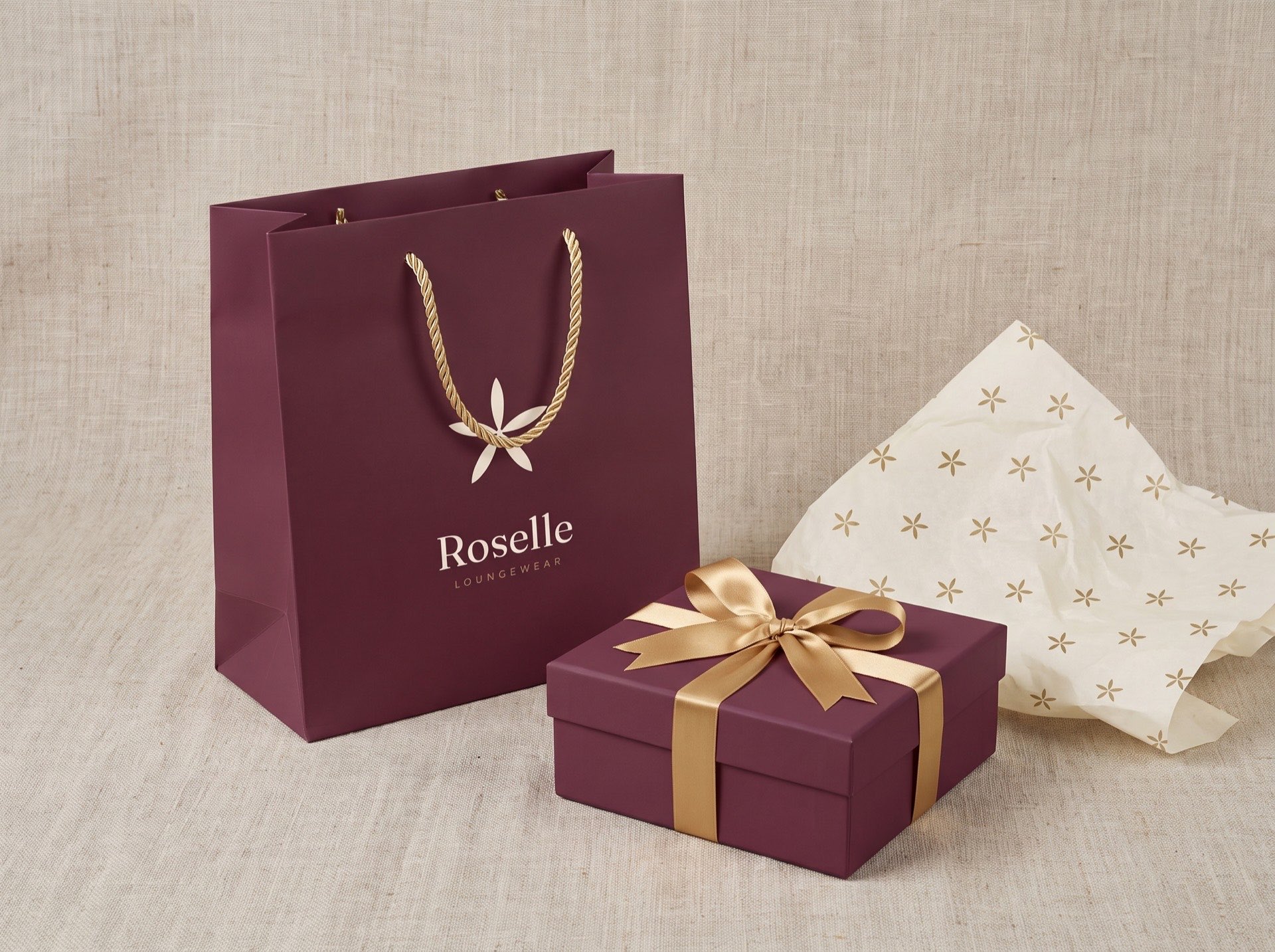 Roselle shopping bag and box in deep plum